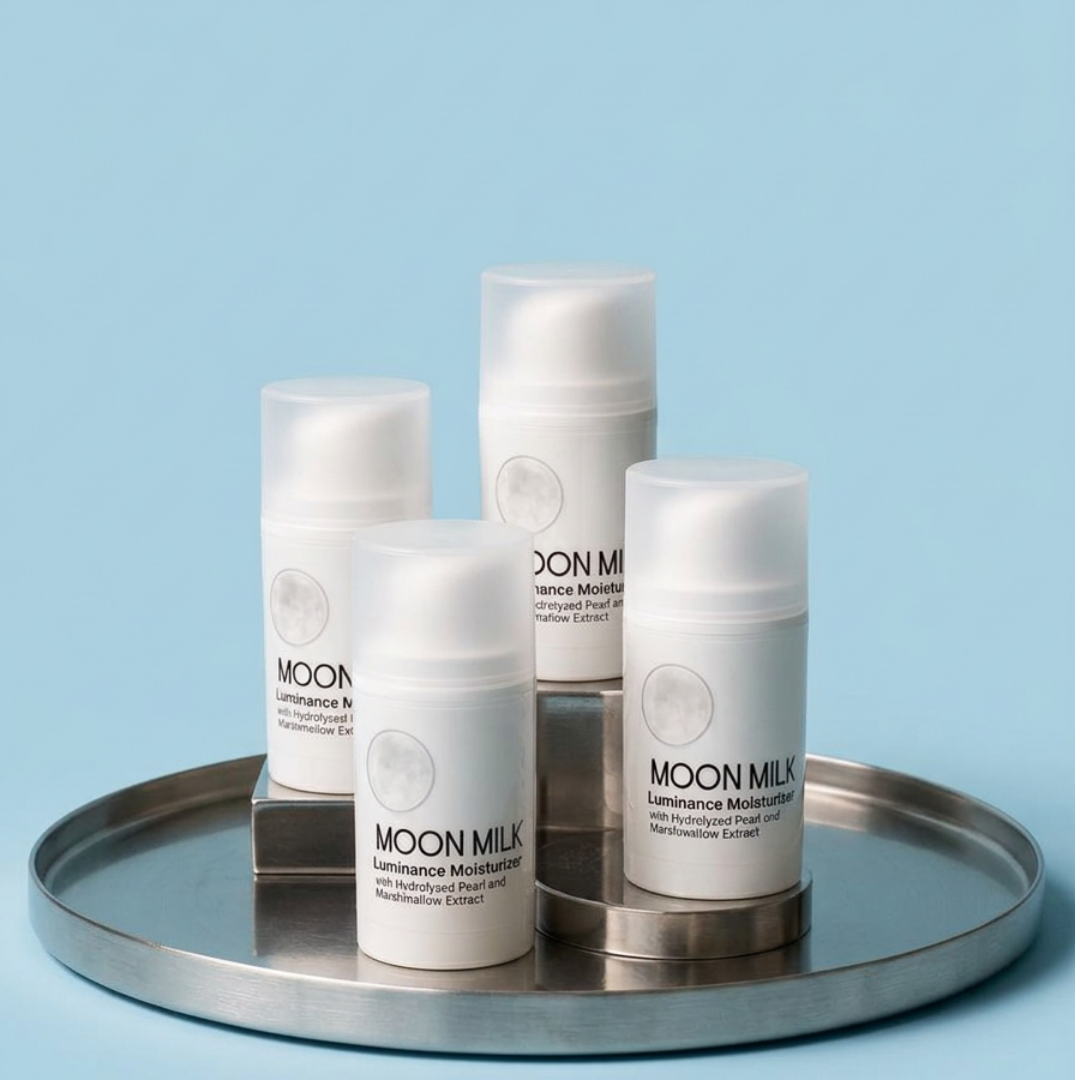 Four white cosmetic tubes labeled MOON MILK are arranged on a round silver tray against a light blue background.
