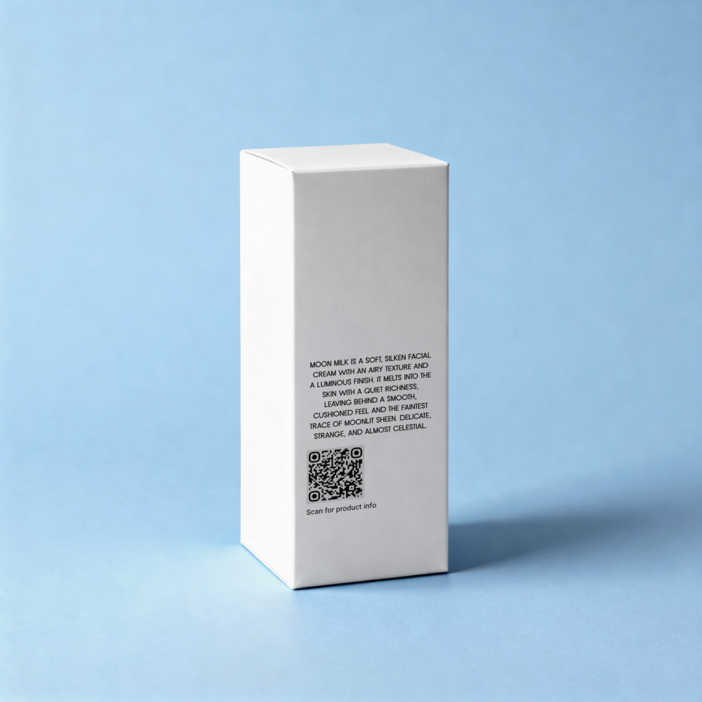 A tall, minimalist white rectangular product box standing upright on a light blue background. The back of the box features black text describing a moisturizing cream, a QR code, and a small logo.