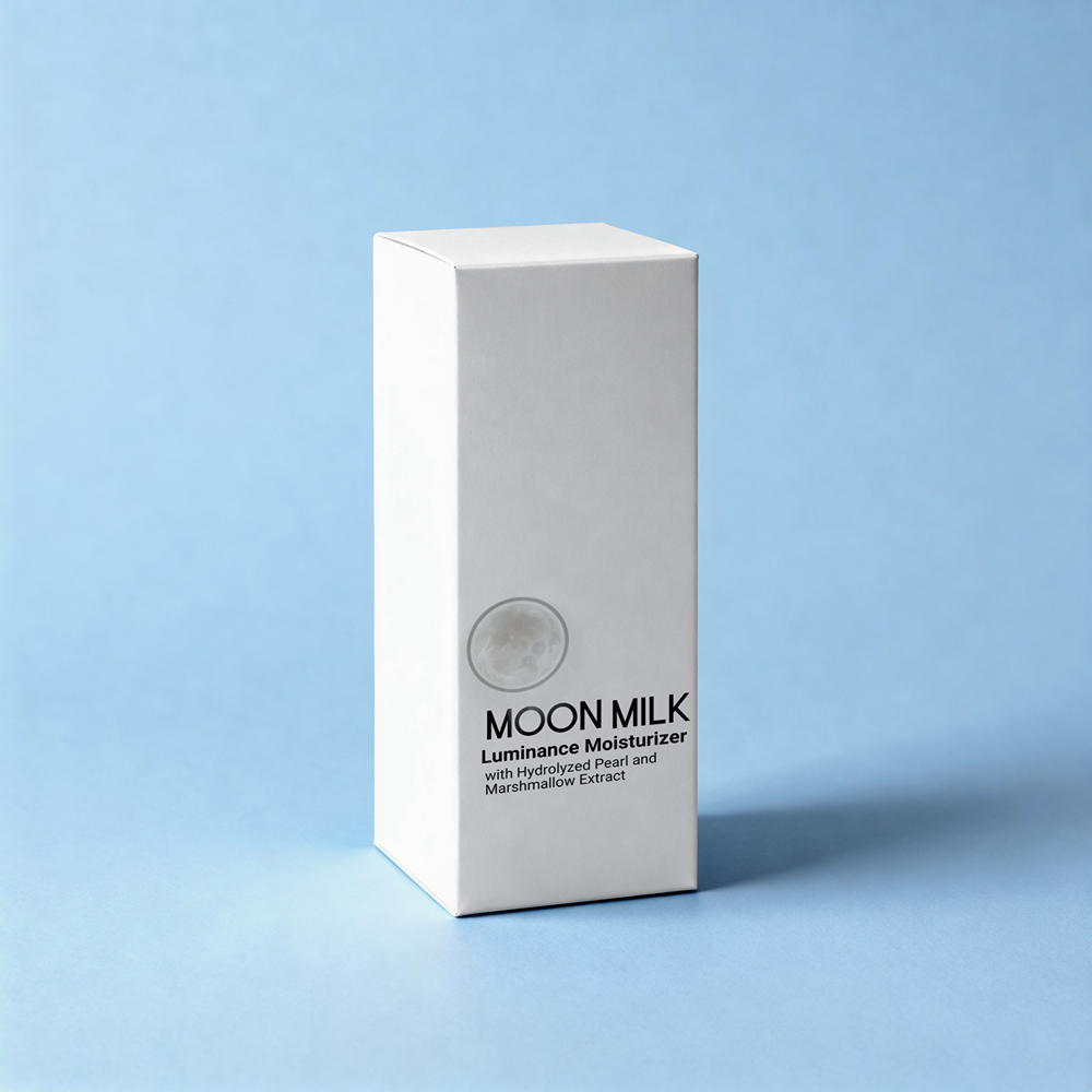A tall, white rectangular box of MOON MILK Luminance Moisturizer, featuring a minimalist design with black text and a circular moon graphic, set against a solid light blue background.