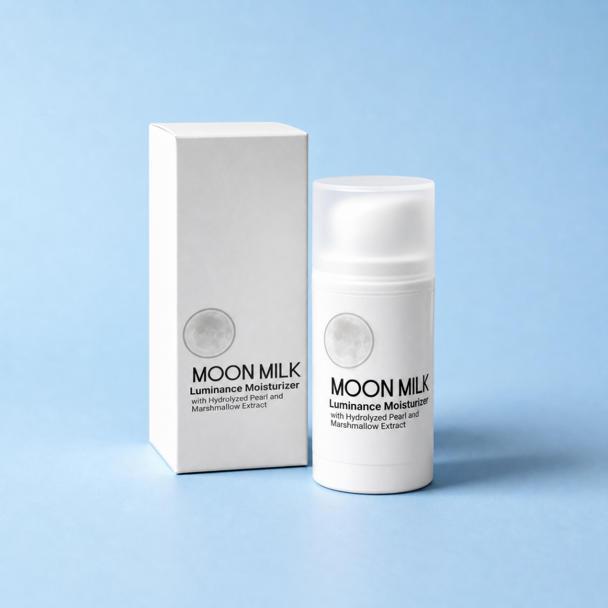 MOON MILK Luminance Moisturizer shown as a white cylindrical bottle with a frosted cap next to its white rectangular box on a light blue background.