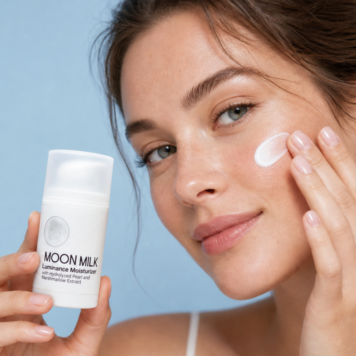 A woman with natural skin applies cream to her cheek while holding a white bottle of MOON MILK Periglenose Moisturizer against a solid light blue background.