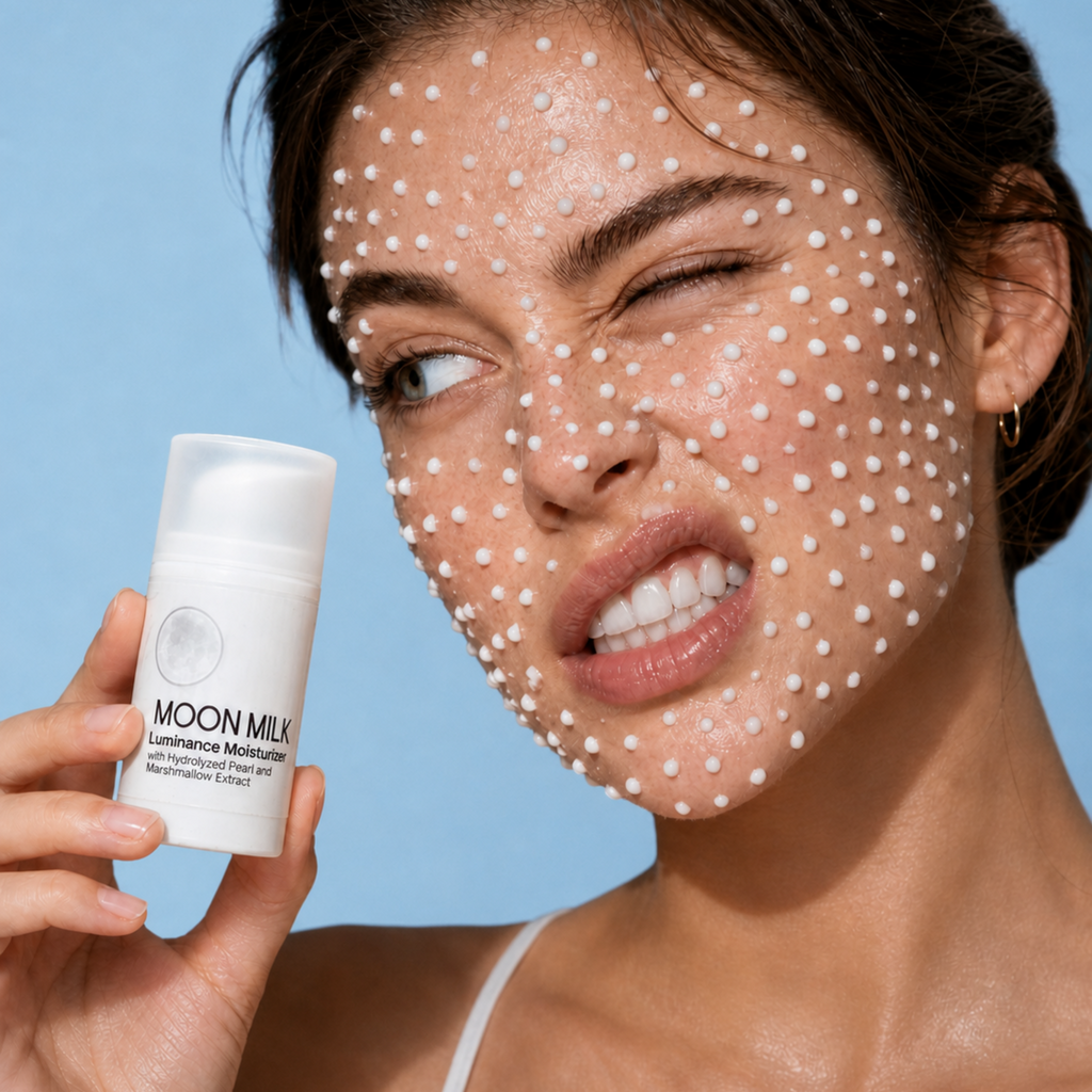 A woman with white dotted skincare marks across her face holds a white bottle labeled MOON MILK in front of a light blue background.